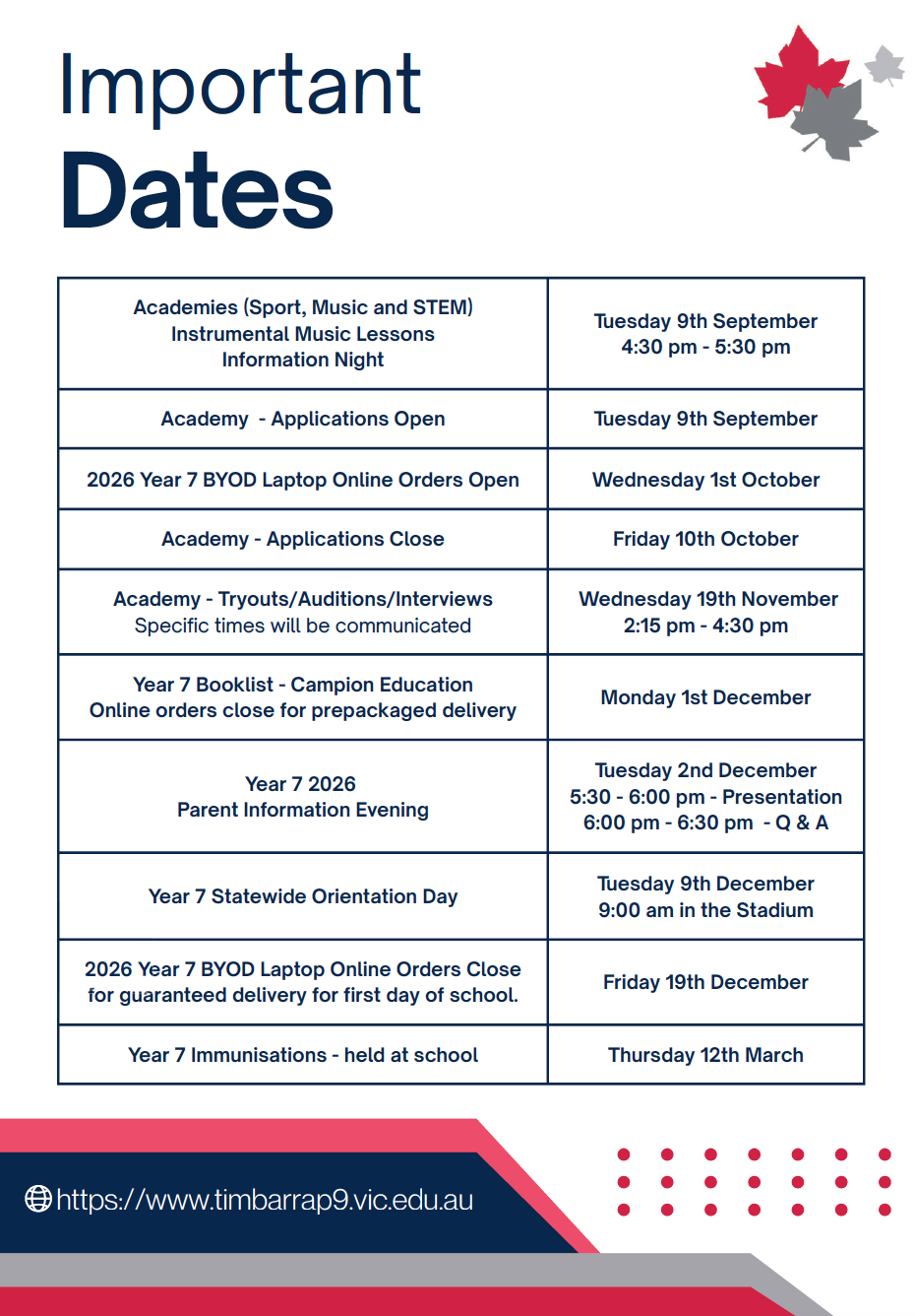 Important Year 7 Dates